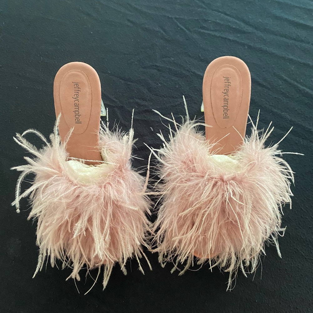 Jeffrey Campbell “Chauffeur” feather mules with lucite heels